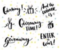 Giveaway text and design elements. Set of handwritten lettering and hand drawn gifts. Social media contest typography