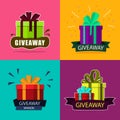 Giveaway winner flyer. Gift box with ribbon for contest win. Gift for announcement of win poster. Competition banner and give away Royalty Free Stock Photo