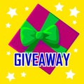 Giveaway winner gift. Free give away wrapped gift box with ribbons template. Giveaways post gift, winner reward banner, quiz