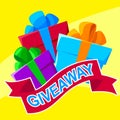 Giveaway winner gift. Free give away wrapped gift box with ribbons template. Giveaways post gift, winner reward banner, quiz