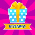 Giveaway winner gift. Free give away wrapped gift box with ribbons template. Giveaways post gift, winner reward banner, quiz