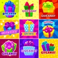 Giveaway winner gift. Free give away wrapped gift box with ribbons template. Giveaways post gift, winner reward banner, quiz