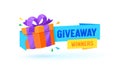 Giveaway Winners Gift Box, Vector Banner with Present Wrapped With Ribbon, Promotion Contest, Competition Free Prize
