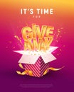 Giveaway word above open box with confetti explosion inside on colorful background illustration poster template. Give away text