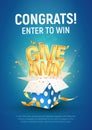 Giveaway word above open textured blue box with confetti explosion inside on blue background illustration poster