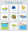 Summer words with illustrations on a cue card