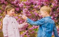 Giving all flowers to her. Surprising her. Kids enjoying pink cherry blossom. Romantic babies. Couple kids on flowers of