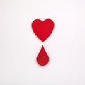 Giving blood saves live. Blood Donation concept. Red heart and blood drop on white background