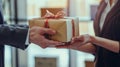 Giving a business gift, hand of two business professionals in a moment of gifting, Generative AI Royalty Free Stock Photo