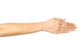 Giving hand for handshake. Woman hand gesturing on white