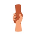 Giving hand to help, rescue. Two arms clasping, holding together. Support, trust, aid, assistance concept. Rescuer and