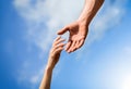 Giving a helping hand. Hands of man and woman reaching to each other, support. Rescue, helping gesture or hands. Lending Royalty Free Stock Photo