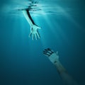 Giving helping hand to drowning man concept