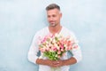 Giving her all best. Valentines day and anniversary. How to be romantic. Romantic gentleman. Man mature confident macho Royalty Free Stock Photo