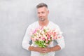 Giving her all best. Valentines day and anniversary. How to be romantic. Romantic gentleman. Man mature confident macho Royalty Free Stock Photo