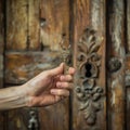 Giving a key to house, hand holds door keys on wooden door background with copy space Royalty Free Stock Photo