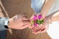 Giving a lilac flower groom to the bride to offer his love Royalty Free Stock Photo