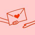 giving love letter envelope with heart and love message, hands receiving confession letter for Valentines day, pink and