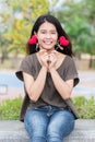 Giving love in valentine`s day , Asian woman hand hold give beautiful red heart sweet loving. Royalty Free Stock Photo