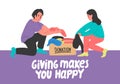 Giving makes you happy. Young woman and man putting clothes to donation boxes.