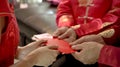 Giving red envelop for Chinese New Year Top view grandparent and five money to child Royalty Free Stock Photo