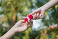 Giving red gift box in with hands On special days for special person, on grass background. Wedding ring box