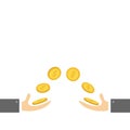 Giving and taking Hands with flying golden coin money dollar sign. Helping hand concept. Flat design style. Business support credi