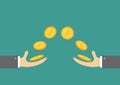 Giving and taking Hands Flying golden coin money dollar sign. Helping hand concept. Flat design style. Business support credit ico