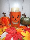 Halloween jack o lantern pumpkin candle, New England fall leaves