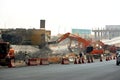 26th of July corridor road development project, removing an old bridge by demolition pliers jaws excavators