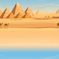 Giza Egyptian Pyramids desert landscape with camels flat vector illustration horizontal image Royalty Free Stock Photo