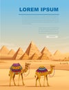 Giza Egyptian Pyramids desert landscape with camels flat vector illustration vertical banner design Royalty Free Stock Photo