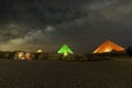 Giza pyramids and Sphinx light up at night Royalty Free Stock Photo