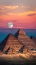Giza Pyramids Under Golden Dusk Sky with Full Moon View Royalty Free Stock Photo
