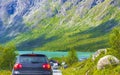 Gjendeosen Kiosk & Parking cars at Besseggen Mountain ridge Norway