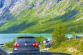 Gjendeosen Kiosk & Parking cars at Besseggen Mountain ridge Norway