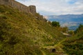 GJIROKASTRA, ALBANIA: Landscape on the old Gjirokastra fortress walls in the background of the mountain.