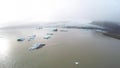 Glacial ice and old glacier in Iceland - wide angle aerial view