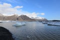 Glacial Lagoon with Floating Icebergs Under Blue Skies