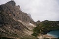 Glacial lake on top of the mountain landscape. Coldai lake, Belluno, Italy Dolomites panoramic view