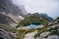 Glacial lake on top of the mountain landscape. Coldai lake, Belluno, Italy Dolomites panoramic view