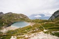 Glacial lake on top of the mountain landscape. Coldai lake, Belluno, Italy Dolomites panoramic view