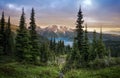 Glacial mountain Garibaldi lake with turquoise water in the middle of coniferous forest at sunset. View of a mountain lake between