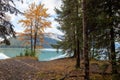 Glacial mountain lake in autumn landscape in Alaska