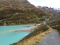 Lakeside hiking trail at glacial stream inflow in alpine landscape