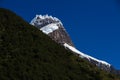 A hanging Glacier, peeking out over the forest, at the top of one of the mountains of the French Valley in Torres Del Paine Natio Royalty Free Stock Photo