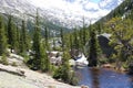 Glacier Creek flowing into Mills Lake in Rocky Mountain National Park in the forested mountains Royalty Free Stock Photo