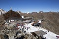 Ski area in Kurzras Maso Corto - View of Glacier Hotel Grawand with start to ski piste Royalty Free Stock Photo