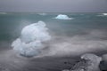 Glacier ice chunks on the black beach at Jokulsarlon, Iceland