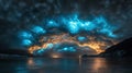 Glacier lagoon, dramatic sky, night, aurora, reflection, fantasy, artwork, desktop Royalty Free Stock Photo